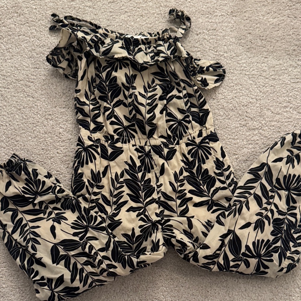 Janie and Jack Black and Cream Leaf Pattern Jumpsuit